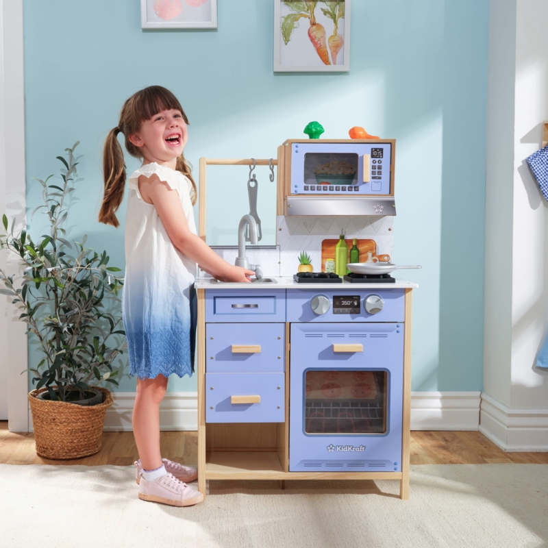 Periwinkle Blue Play Kitchen Marble Backsplash Microwave Hutch Wood