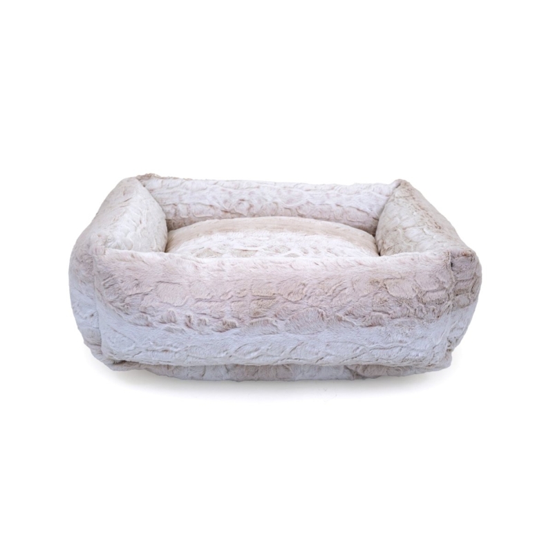 Pet Bed, Cream Swirled Faux Fur, Bolstered Kuddler Design