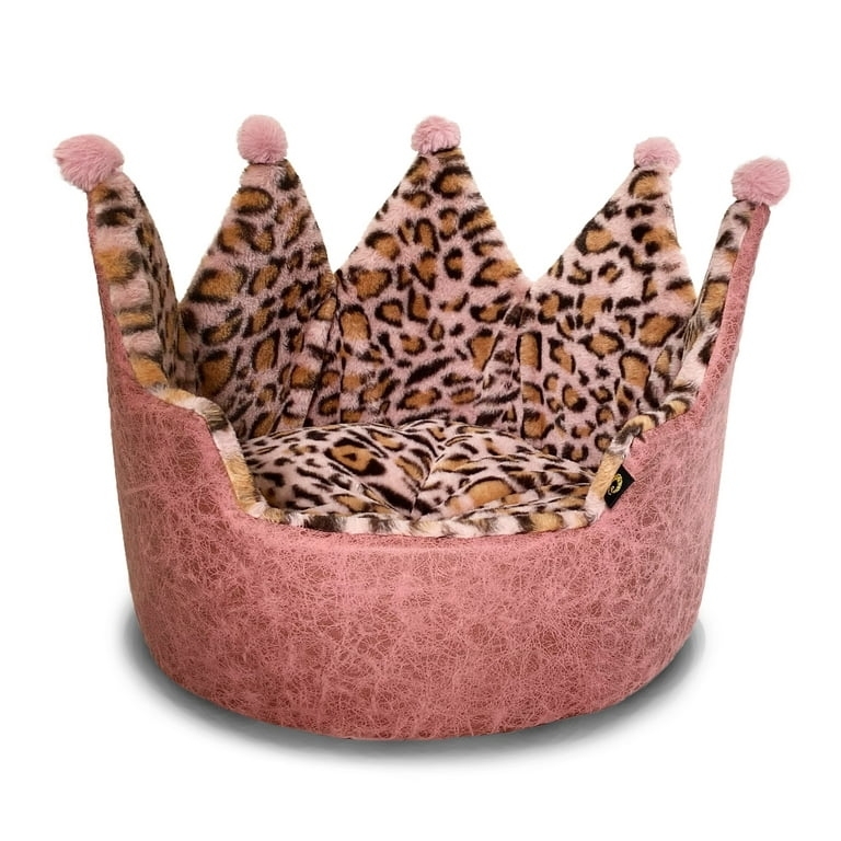 Pet Bed Crown Silhouette Pom Poms High Bolster Leopard Interior Glam