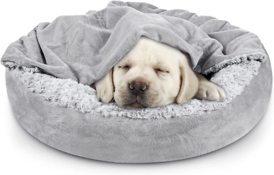 Pet Bed Light Gray Integrated Blanket Shaggy Faux Fur Round