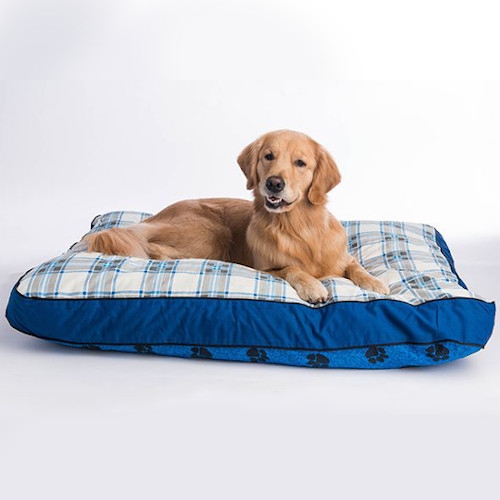 Pet Bed, Navy Plaid Top Cushion, Paw Print Trim Border