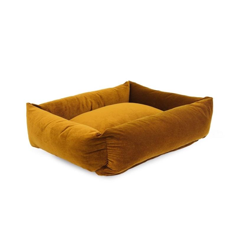 Pet Bed, Ochre Yellow Velvet Bolster, Gathered Corners