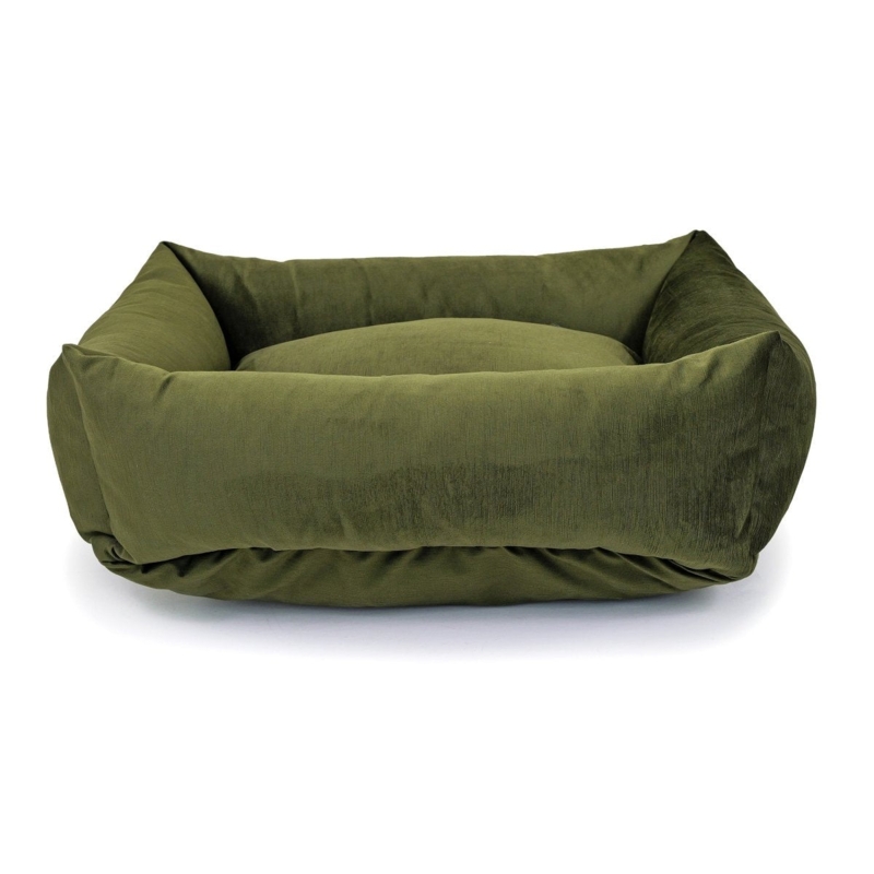 Pet Bed, Olive Green Velvet Kuddler, Rectangular Bolstered