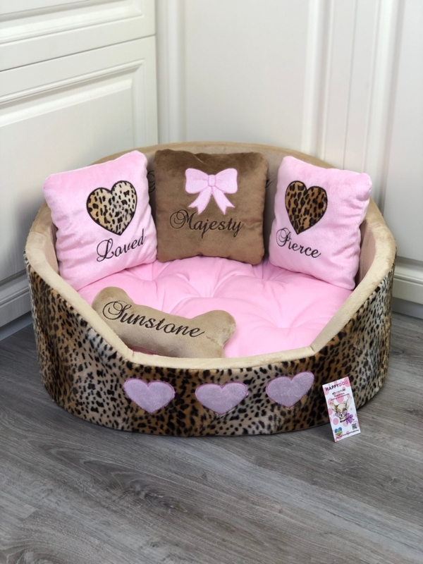 Pet Bed Pink Heart Appliqué Personalized Embroidery Leopard Print Glam