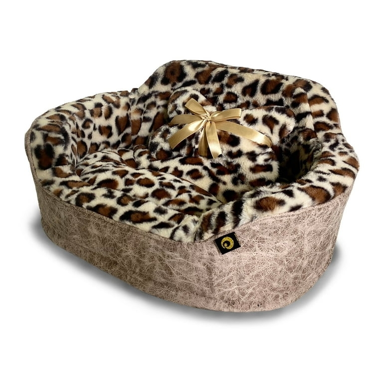 Pet Bed Plush Cat Bed Oval Bolster Gold Satin Bow Matching Pillow
