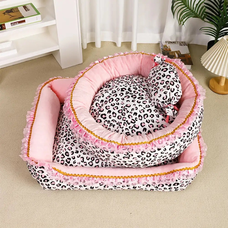 Pet Bed Ruffled Lace Gold Trim Pink Leopard Print Stacked Princess