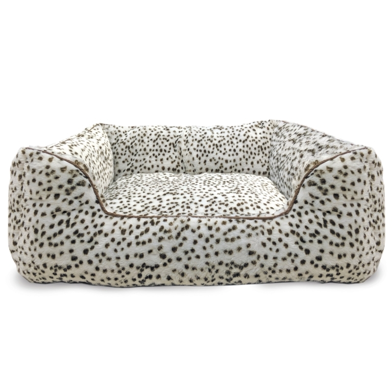Pet Bed Snow Leopard Print Step In Front Bolstered Plush Faux Fur Chic