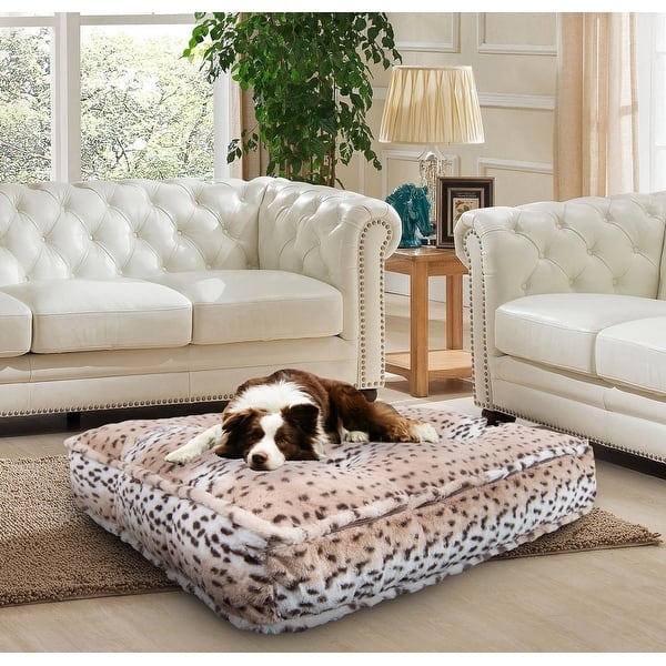 Pet Bed Ultra Plush Faux Fur Snow Leopard Rectangular Traditional Glam