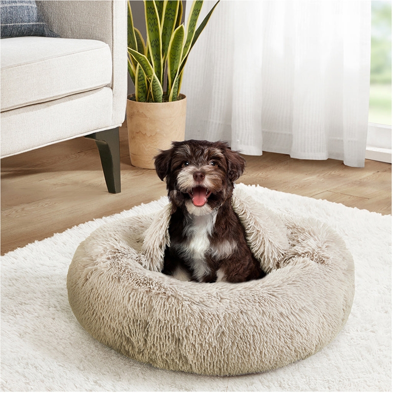 Pet Bed Warm Tan Shaggy Faux Fur Hooded Blanket Donut