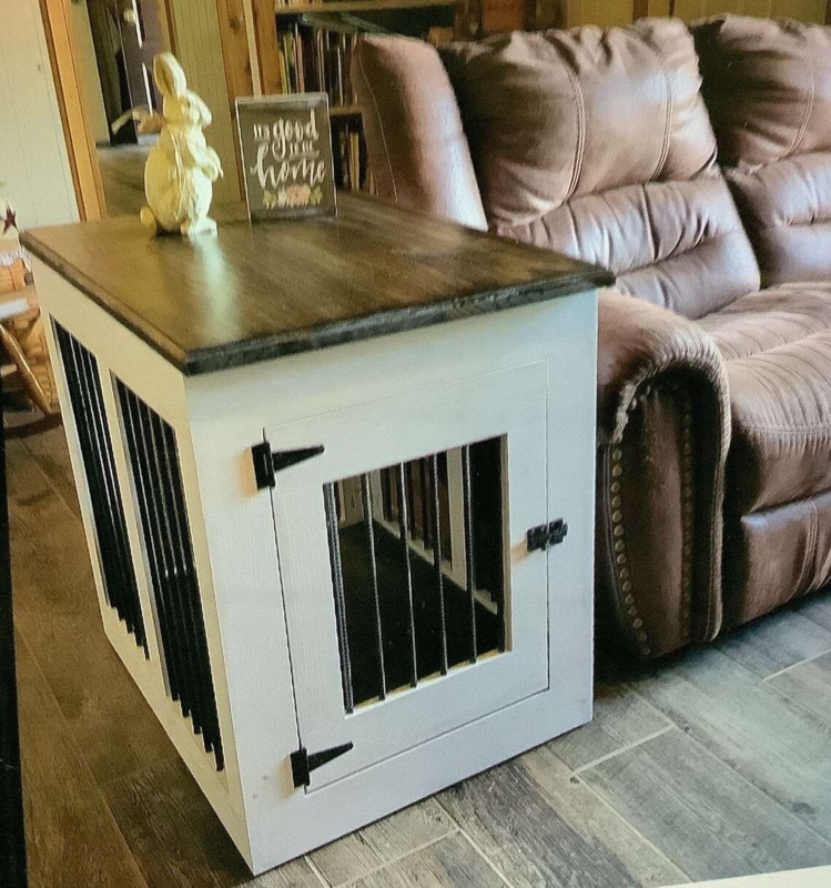 Pet Crate End Table Two-Tone Finish, Farmhouse Hardware White Brown