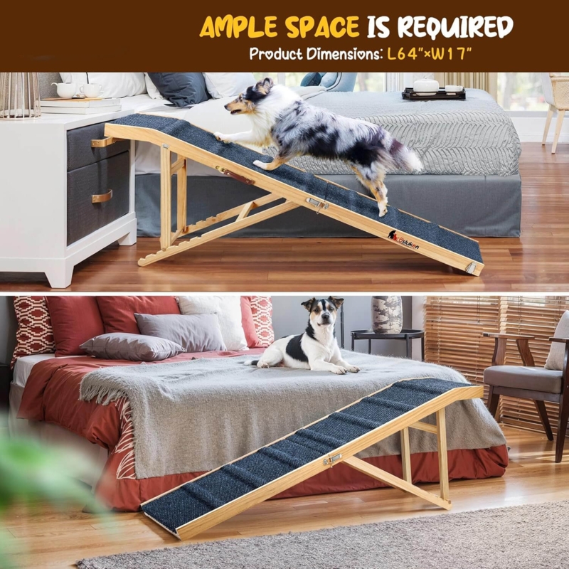 Pet Ramp 64 Inch Length Foldable Design Natural Wood Bed Ramp For Dogs