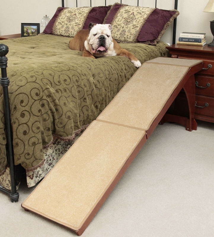Pet Ramp Bedside Height Walnut Brown Carpeted Gradual Incline Top Landing