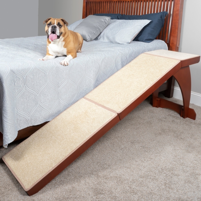 Pet Ramp Cherry Wood Frame Carpeted Top Landing Platform Traditional