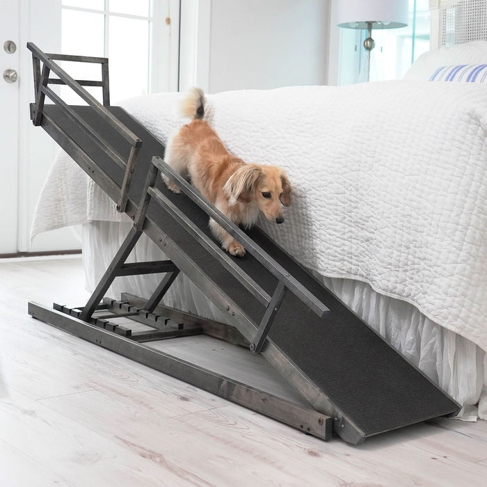 Pet Ramp Coastal Grey Finish Solid Wood Adjustable Side Railings Folding