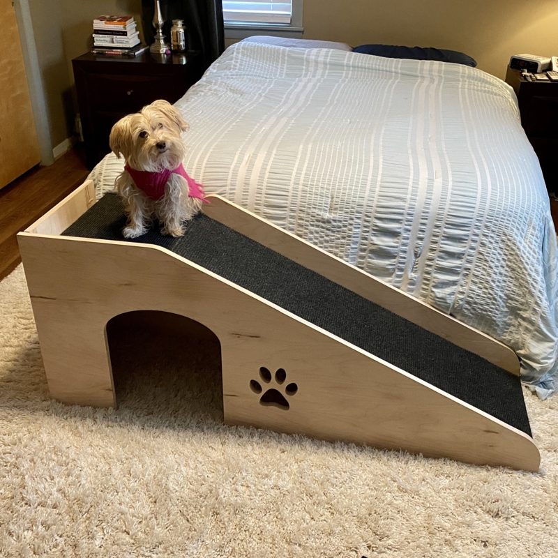 Pet Ramp Paw Print Cutout Natural Wood Carpeted Grip Pet Tunnel Stairs