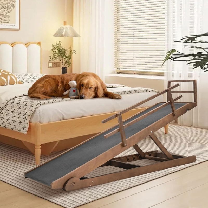 Pet Ramp Safety Rails Walnut Brown Rubber Surface Adjustable Foldable