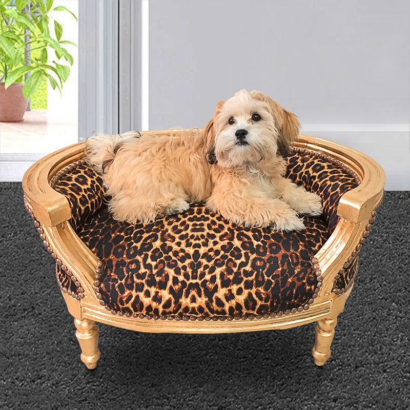 Pet Sofa Gilded Wood Frame Ornate Carving Curved Back Leopard Baroque