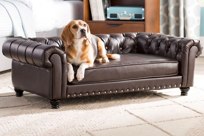 Pet Sofa Miniature Scale Espresso Leather-Like Chesterfield Tufted