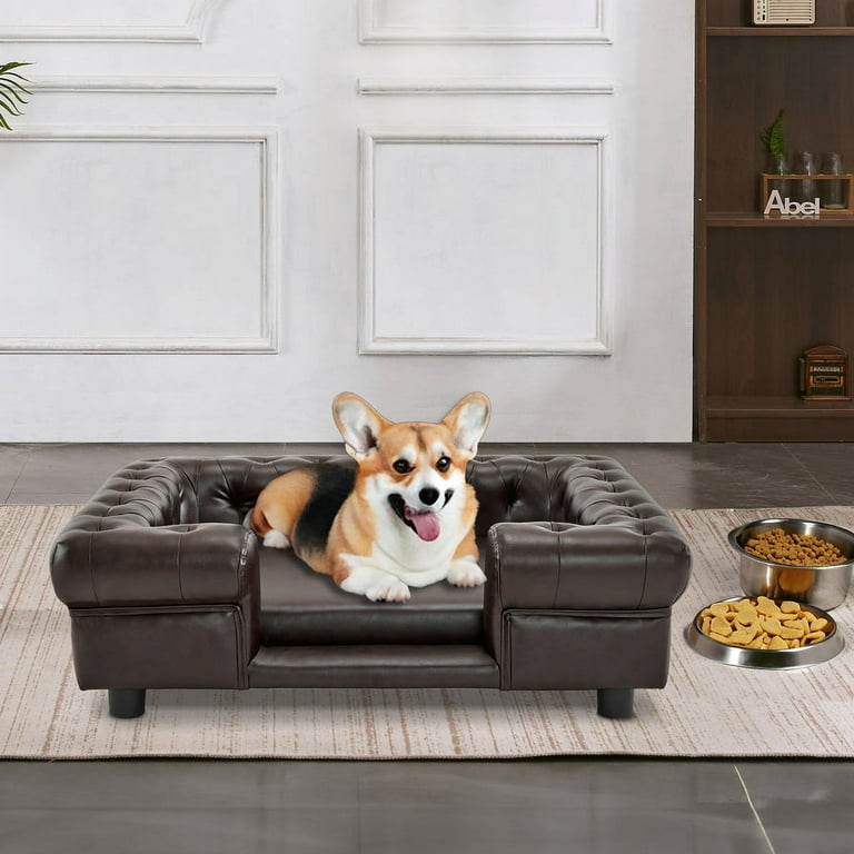 Pet Sofa with Integrated Step and Diamond Tufting in Dark Brown