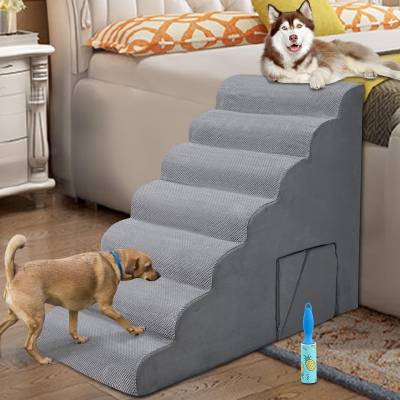 Pet Stairs 6 Tier Scalloped Foam Steps Textured Gray