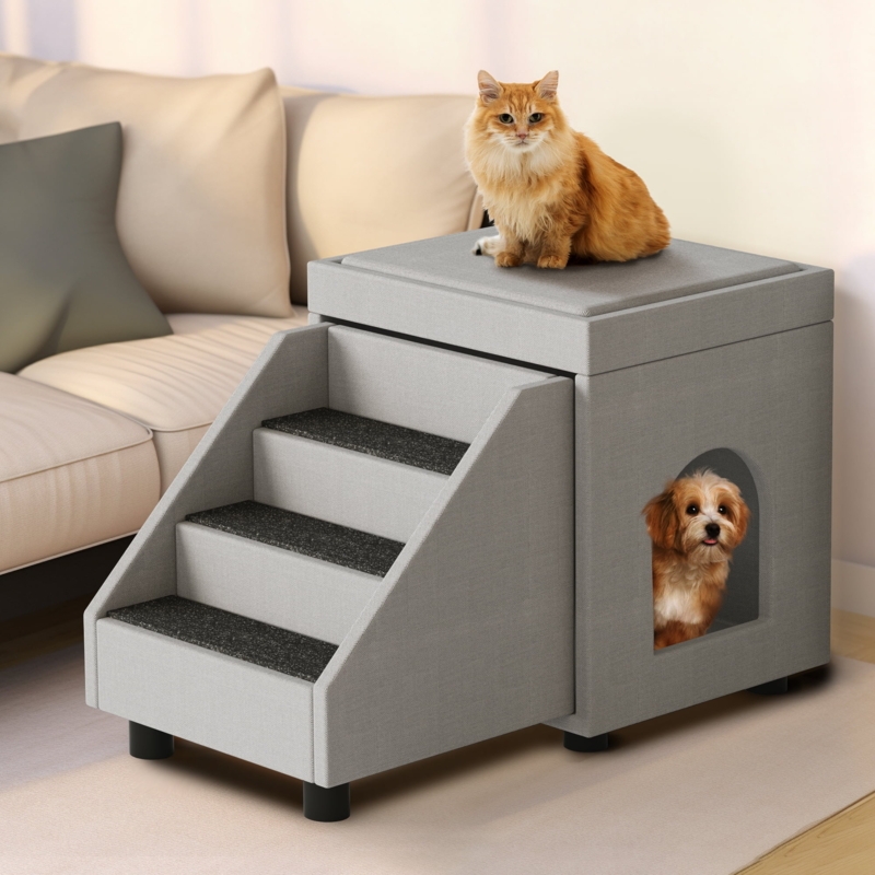 Pet Stairs With Integrated Pet House Upholstered Grey 3-Step Ladder