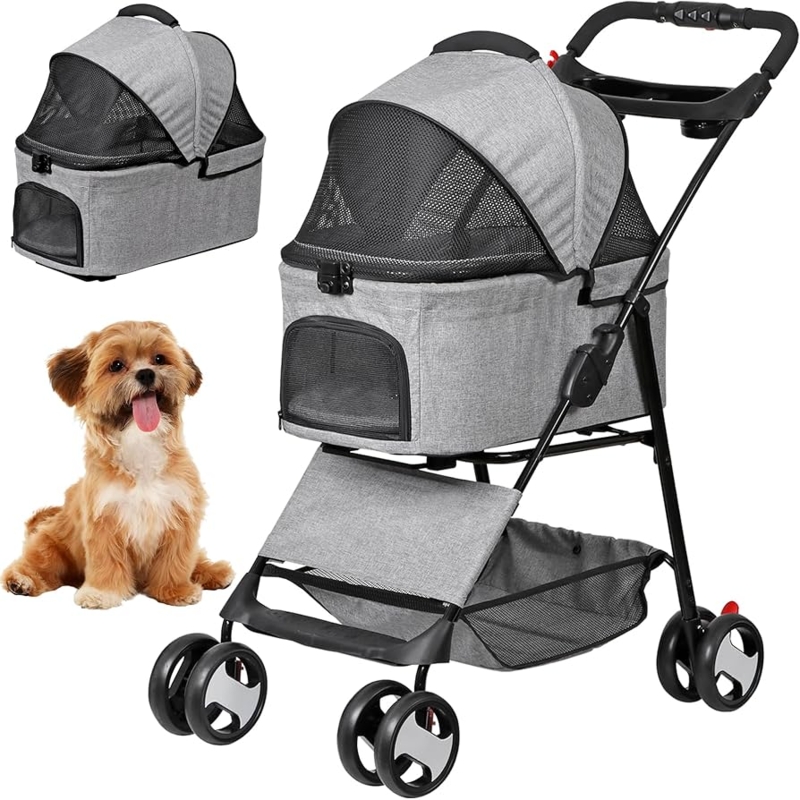 Pet Stroller Detachable Carrier Heathered Grey Foldable Pet Travel Cart