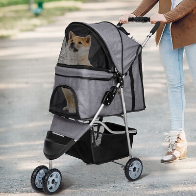 Pet Stroller Dual Front Wheels Charcoal Grey Grey Dog Stroller Mesh