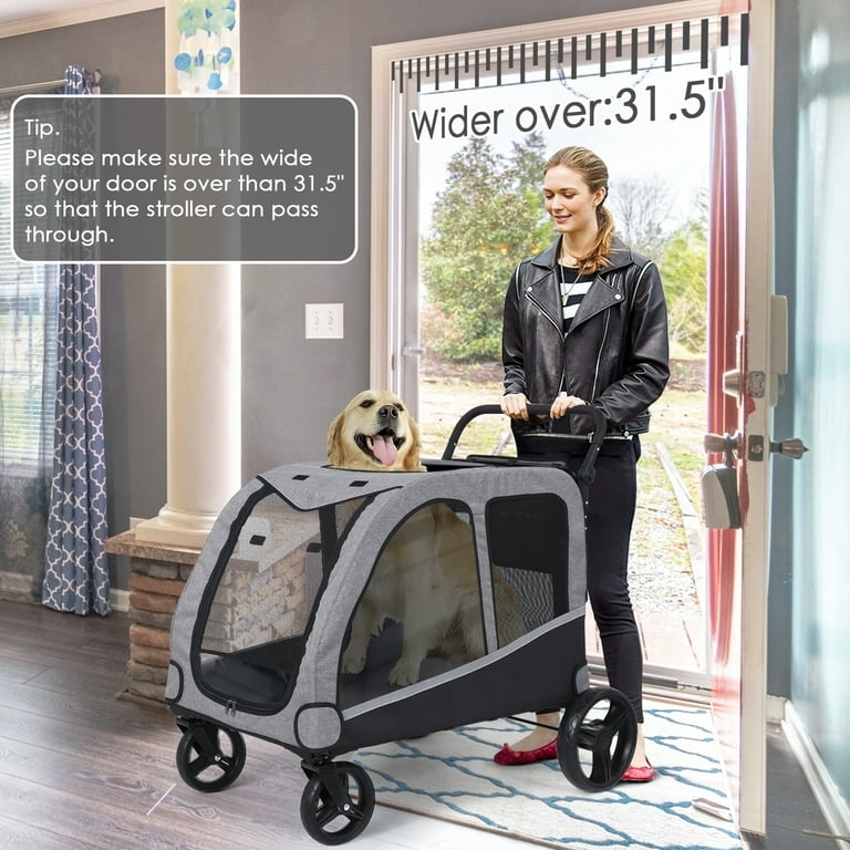 Pet Stroller Dual Wheel Sizes Gray Mesh Trolley