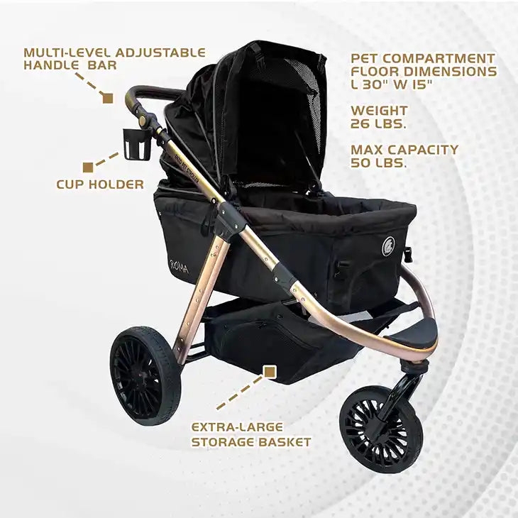 Pet Stroller Matte Black Adjustable Handlebar Rose Gold Pet Stroller