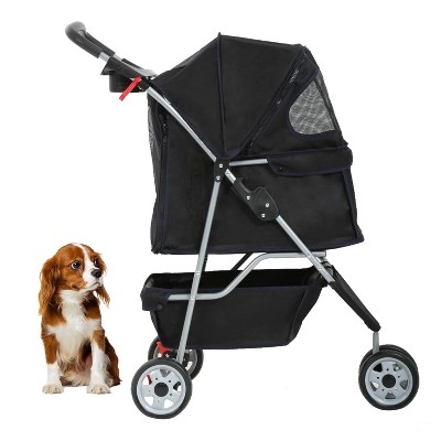 Pet Stroller Matte Black Silver Tone Folding Frame Black Mesh Dog Jogger