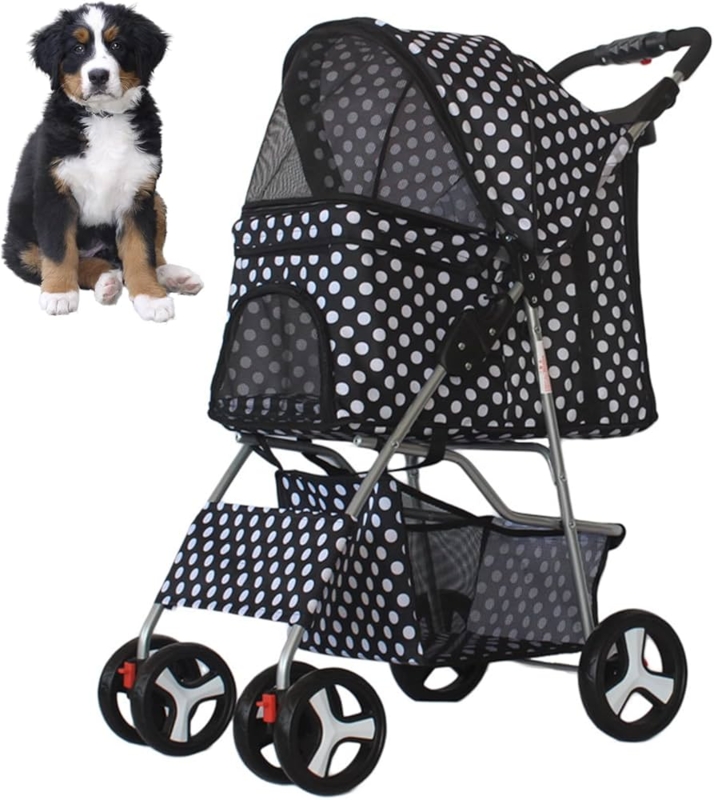 Pet Stroller Polka Dot Pattern Folding Frame Polka Dot Pet Stroller