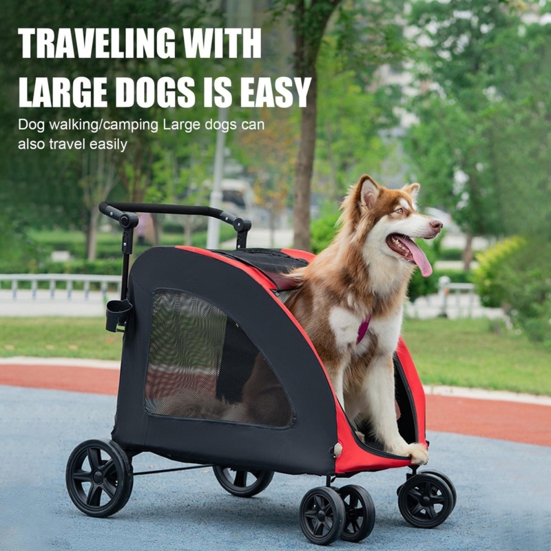 Pet Stroller Red Trim Accents Six Wheel Stability Carrier