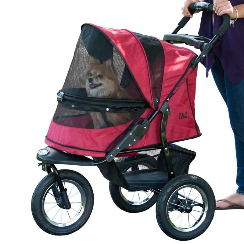 Pet Stroller Rugged Red Canopy All-Terrain Tires No-Zip Dog Carriage