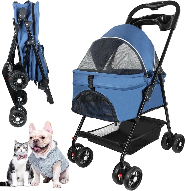 Pet Stroller Slate Blue Fabric Dual Wheel System Foldable Cat Jogger