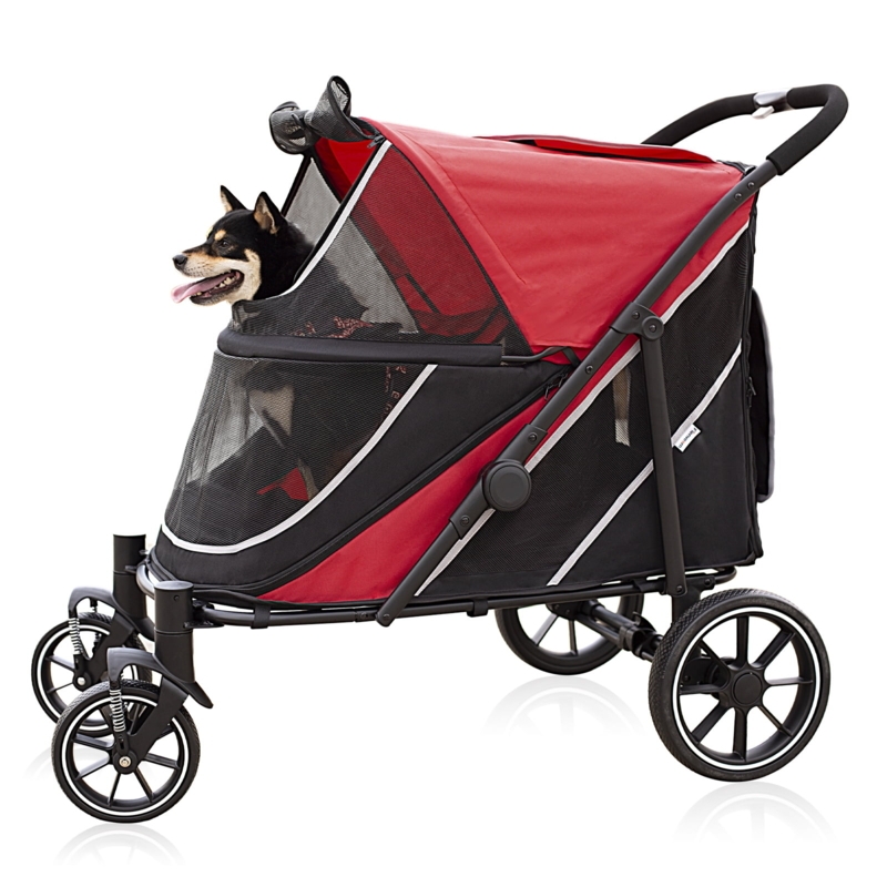 Pet Stroller Vibrant Red Canopy Shock Absorption Springs