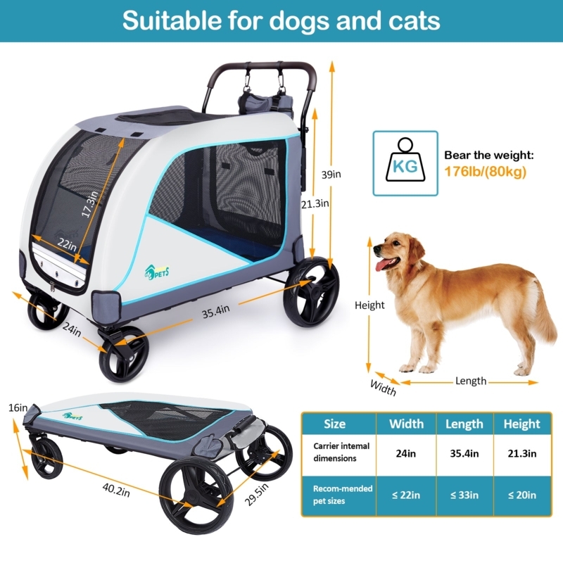 Pet Stroller White Body Light Blue Trim 176lb Capacity