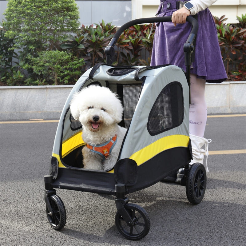 Pet Stroller Yellow Safety Stripe Foldable Grey Yellow Dog Stroller