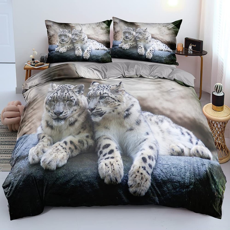 Photorealistic Duvet Cover Set with 3D Snow Leopard Graphic