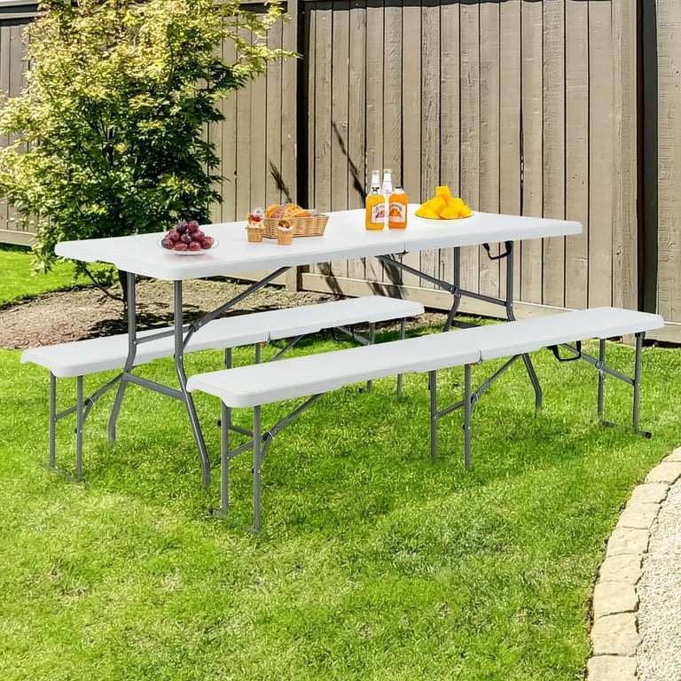 Picnic Table Set White HDPE Folding Legs Portable Dining