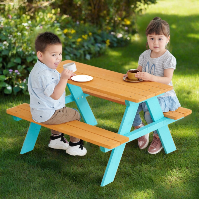 Picnic Table with Turquoise Frame, Honey Wood Slats, Playful Modern Style