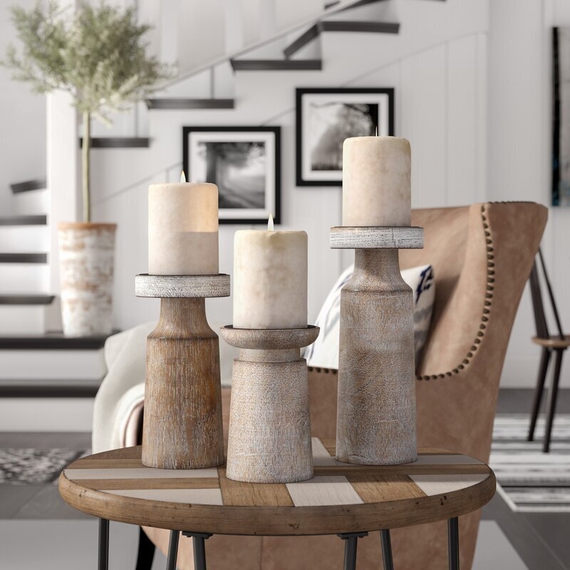 Pillar Candle Holder Set Distressed Whitewash, Organic Carving Detail