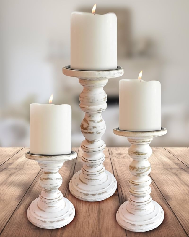 Pillar Candle Holders Antique White Finish with Metal Candle Plates
