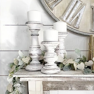 Pillar Candle Holders Cottagecore Style, Distressed Wood Varying Heights