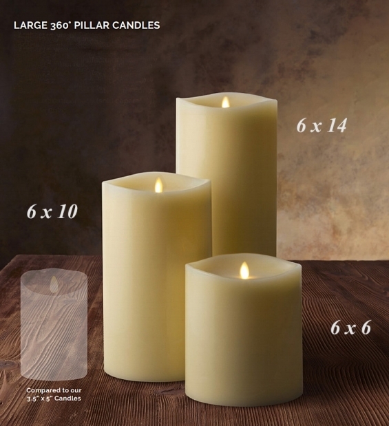 Pillar Candle Set Realistic 360 Degree Flame, 6 Inch Diameter, Wavy Top