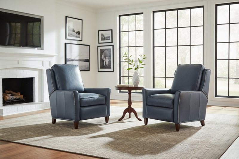 Pillow Back Recliner Chair with Navy Leather-Like Finish