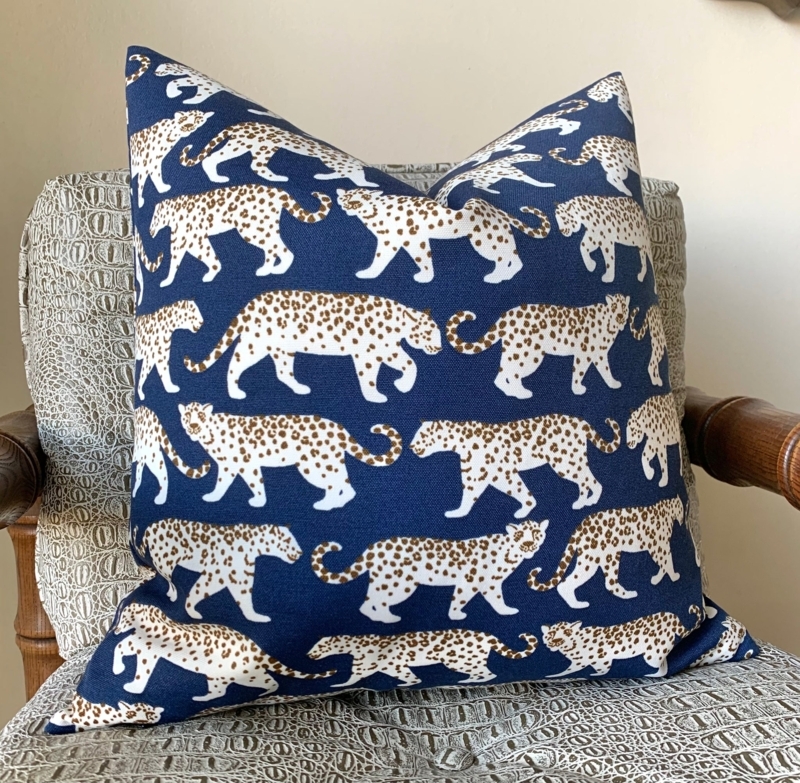 Pillow Cover, Navy Blue Leopard Print Indoor Outdoor Safari Chic
