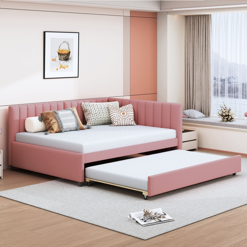 Pink Daybed with Vertical Channel Tufting and Corner Backrest