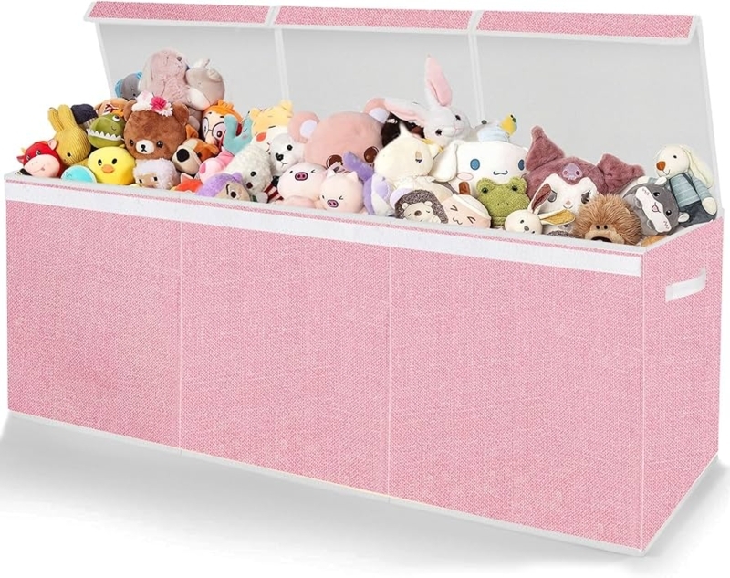 Pink Fabric Toy Chest Textured Weave Three Lid Nursery Storage