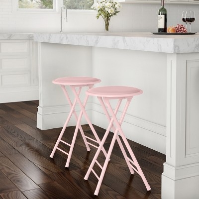 Pink Folding Bar Stool Backless Round Padded Seat