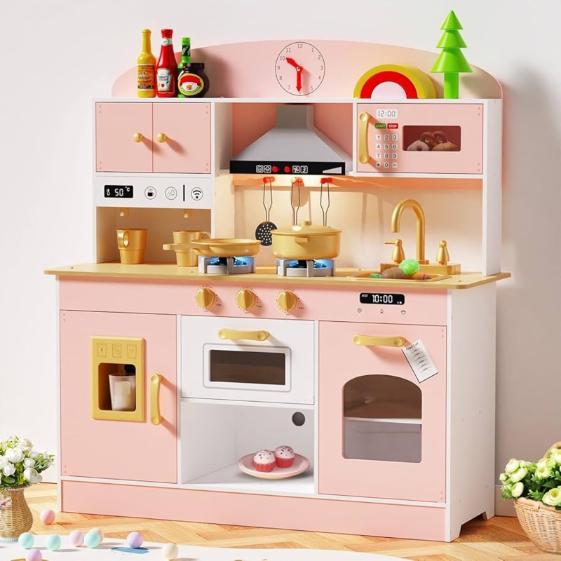Pink Wooden Play Kitchen Gold Hardware Integrated Lights Interactive